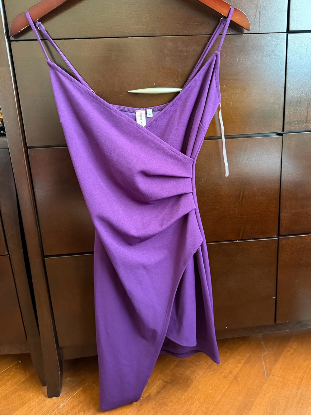 Asymmetrical Draped Slip Dress in Purple with Double Spaghetti Straps